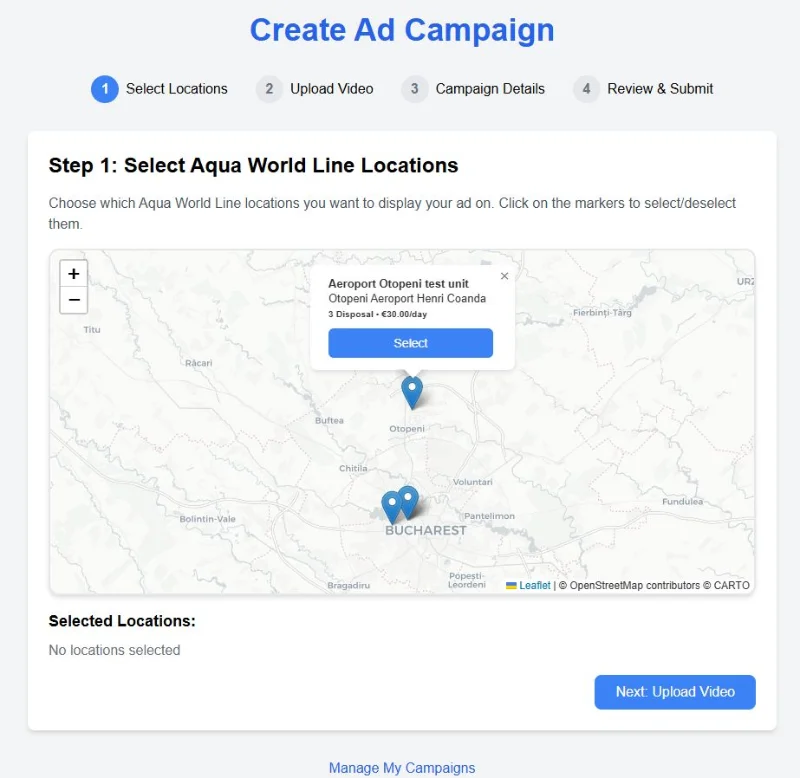 Interfață creare campanie AMS — selectare locații pe hartă